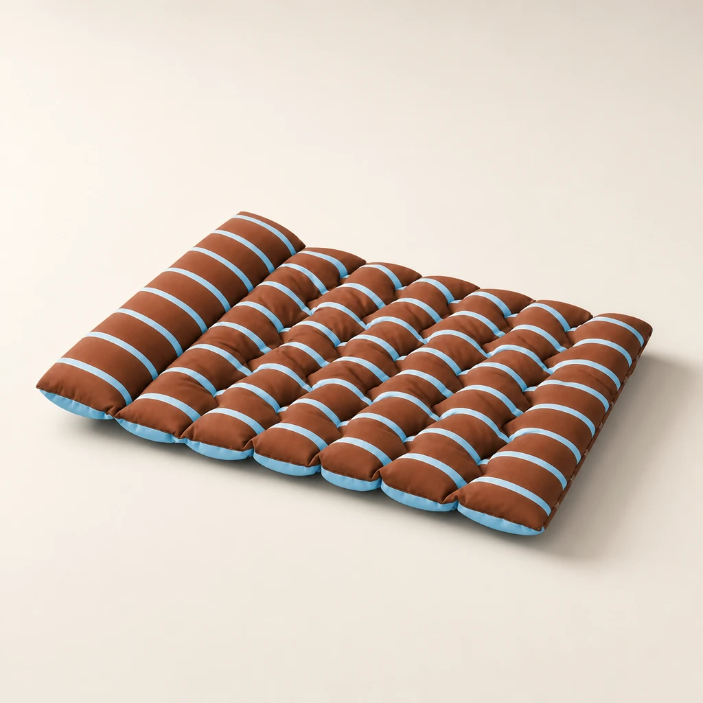 Brown puffy pet mat with light blue stripes